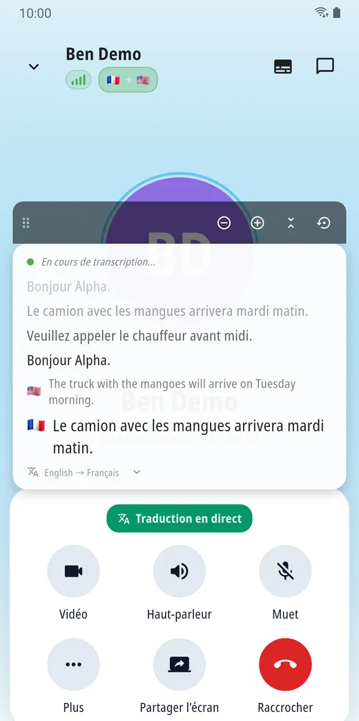 Un appel traduit avec des sous-titres dans la langue du lecteur