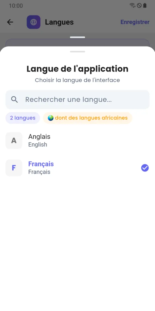 Liste des langues d’affichage de l’application