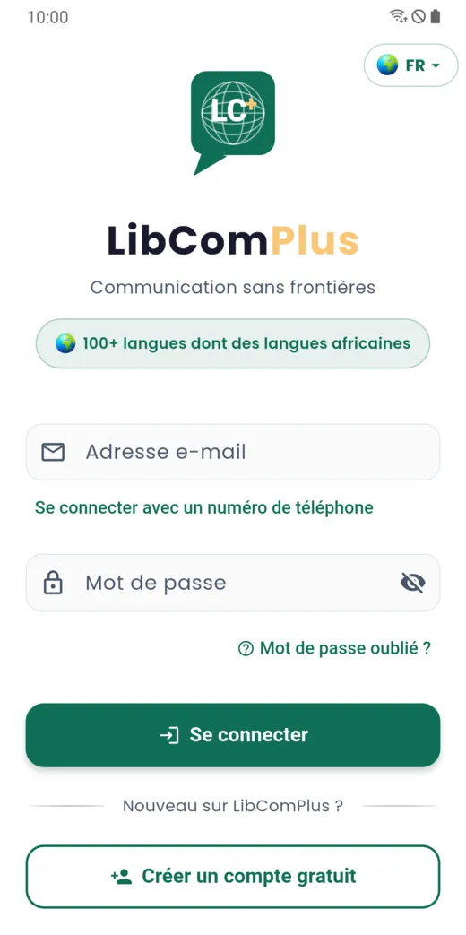 Écran de connexion : adresse e-mail ou numéro, mot de passe, bouton Se connecter