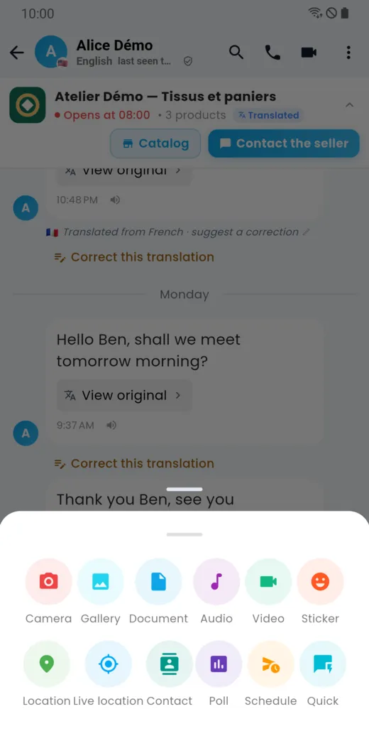 Attachment menu: camera, gallery, document, audio, video, location, contact, poll