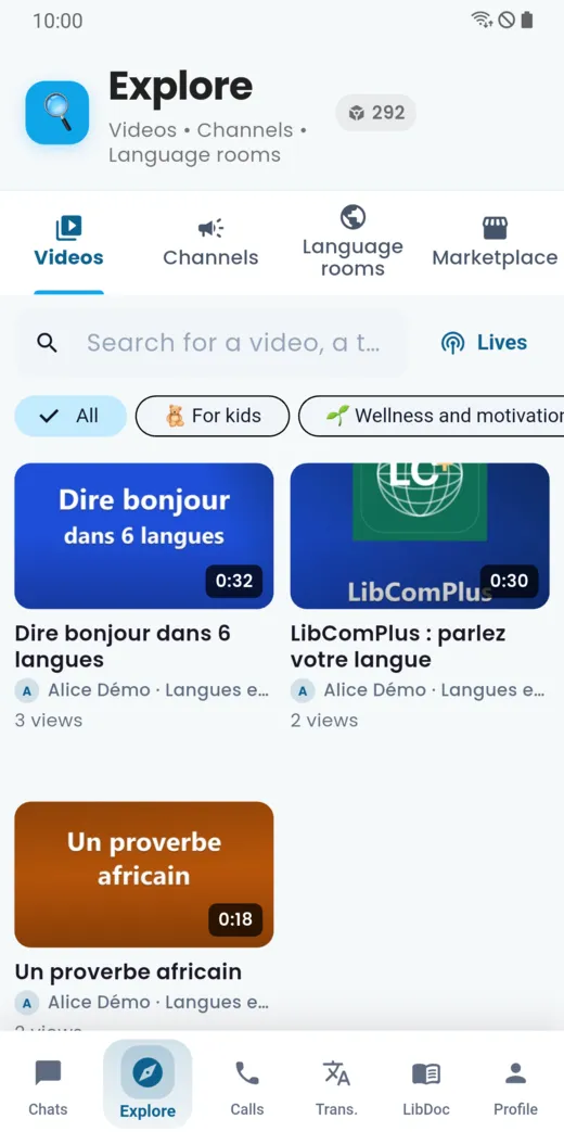 Explore tab: videos, channels, language rooms and marketplace