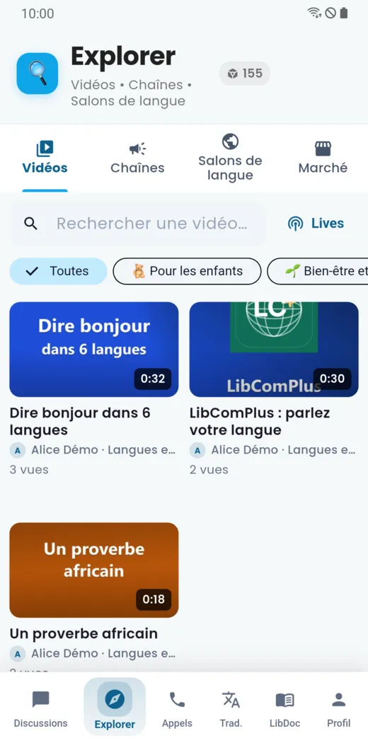 Onglet Explorer : vidéos, chaînes, salons de langue et marché