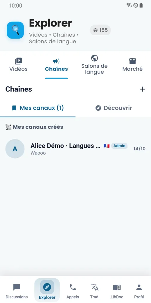 Liste des chaînes avec le bouton Créer un canal