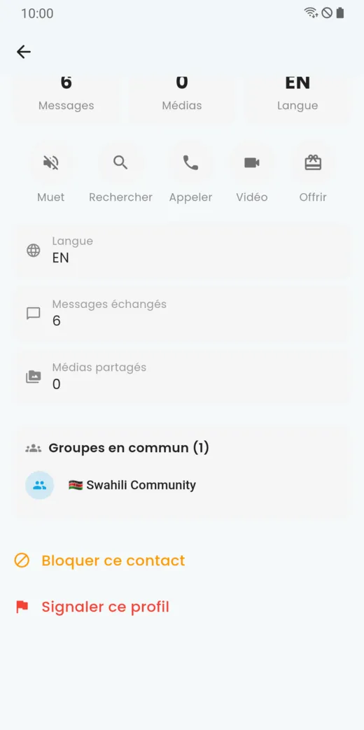Bas de la fiche d’un contact avec Bloquer ce contact et Signaler ce profil