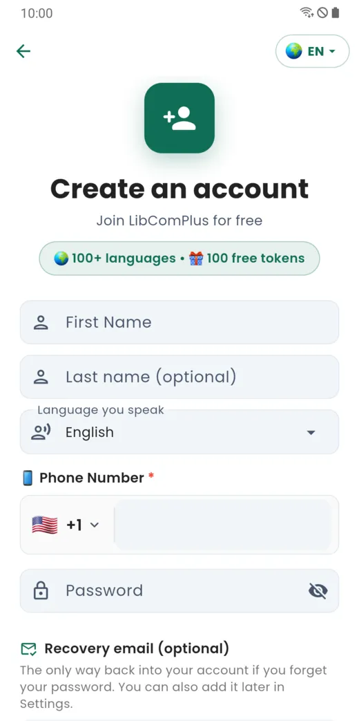 Account creation form: first name, language, phone number, password