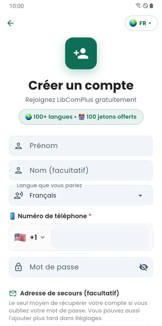 Formulaire de création de compte : prénom, langue, numéro de téléphone, mot de passe