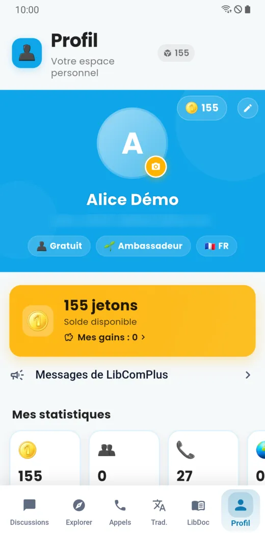 Profil avec le solde de jetons