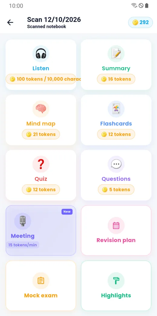 Tools for a LibDoc document: listen, summary, mind map, flashcards, quiz, questions