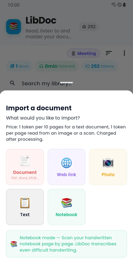 Choosing what to import into LibDoc: document, web link, photo, text, notebook