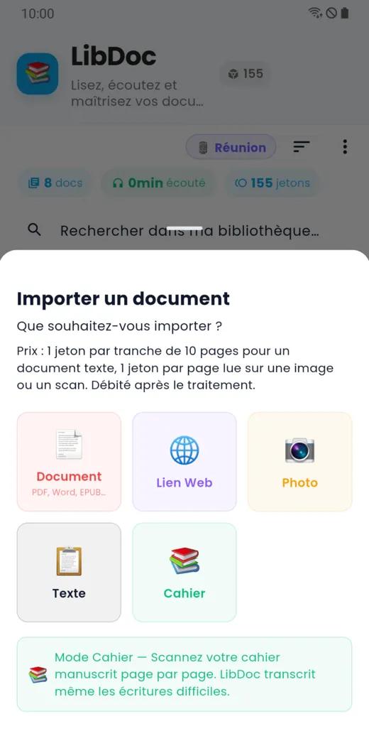 Choix de ce qu’on veut importer dans LibDoc : document, lien web, photo, texte, cahier