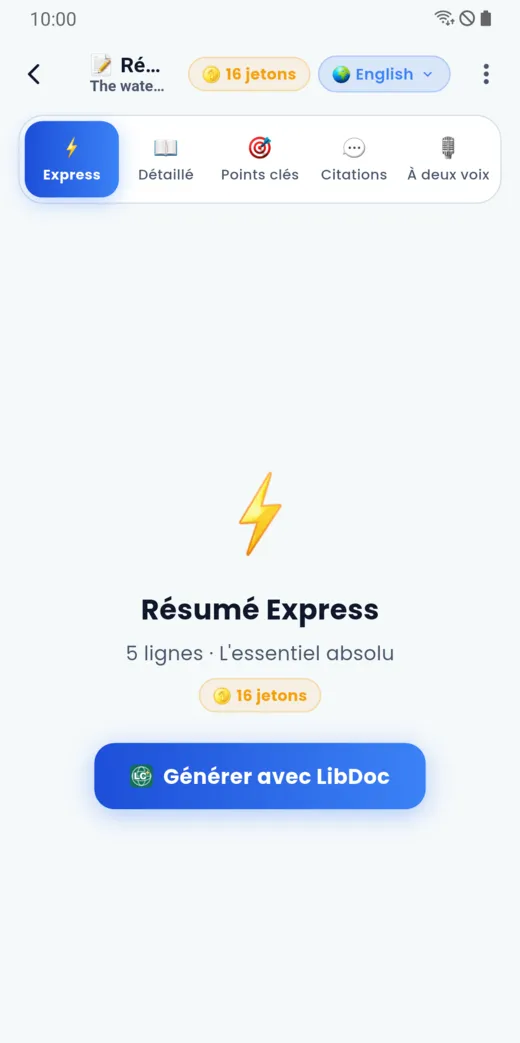 Choix du type de résumé : express, détaillé, points clés, citations, à deux voix