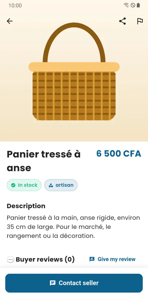 A marketplace product page: price, description, reviews and Contact seller button