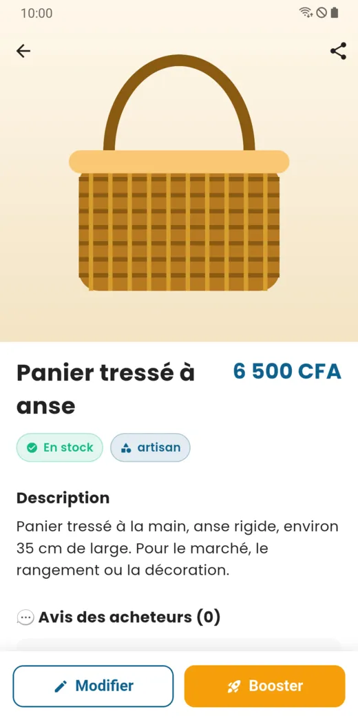 Fiche d’un produit du marché : prix, description, avis et bouton Contacter le vendeur