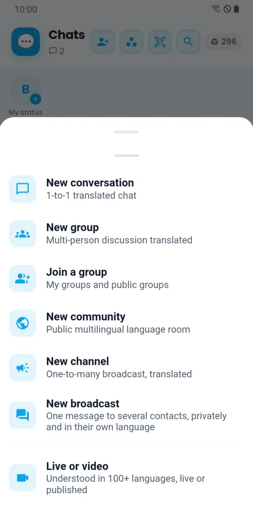 Create menu: conversation, group, community, channel, broadcast, live