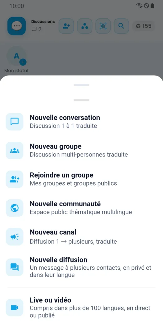 Menu de création : conversation, groupe, communauté, canal, diffusion, live