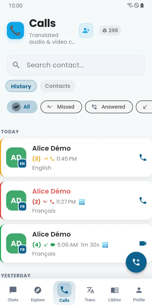 Calls tab: history of translated audio and video calls