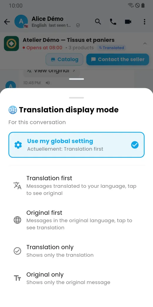 Choice of how translations are displayed in a conversation