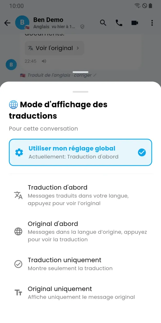Choix du mode d’affichage des traductions pour une conversation