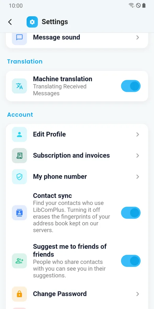 Settings: automatic translation and account