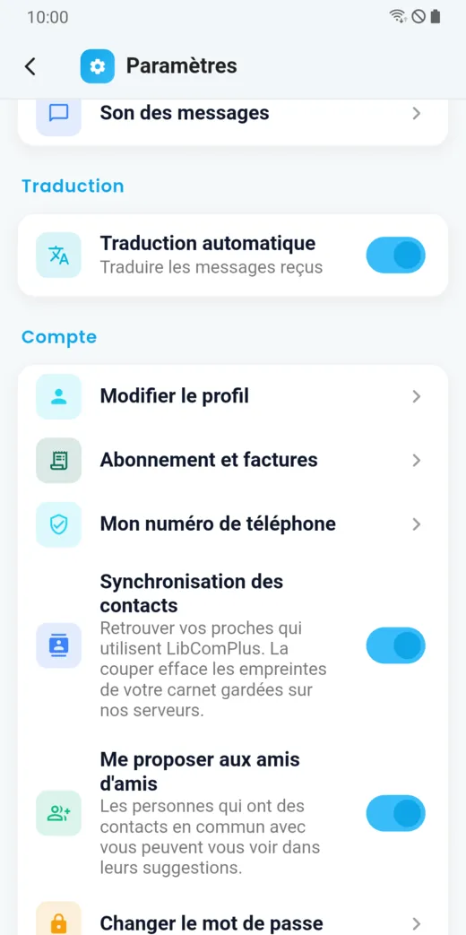 Paramètres : traduction automatique et compte