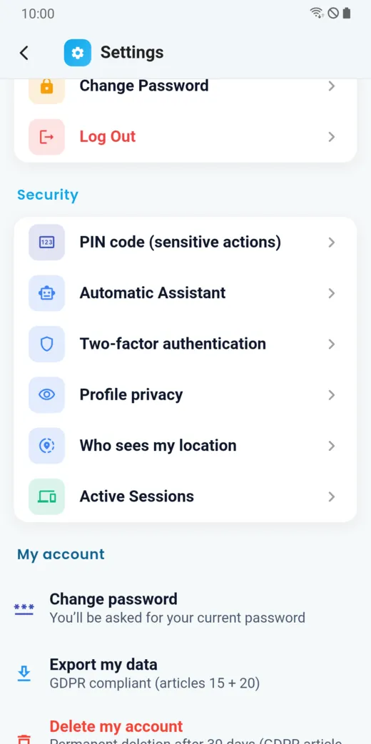 Settings: security, data export and account deletion