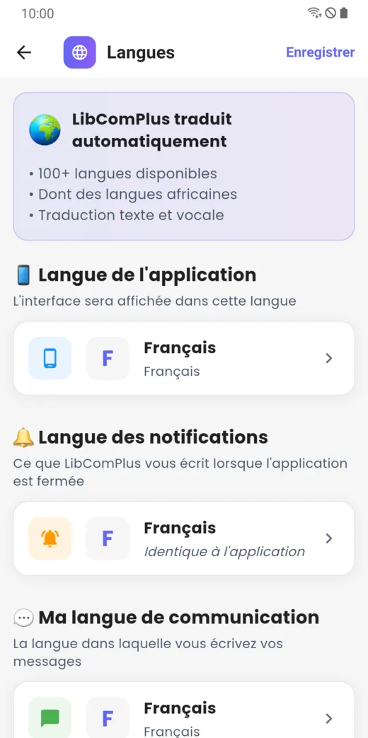 Réglage des langues : langue de l’application, des notifications et de communication