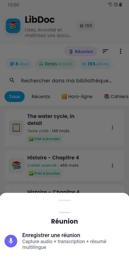 Menu de LibDoc pour enregistrer une réunion