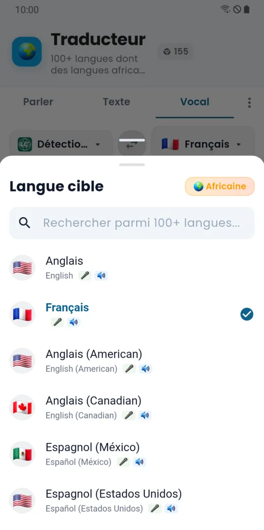 Liste des langues avec un champ de recherche