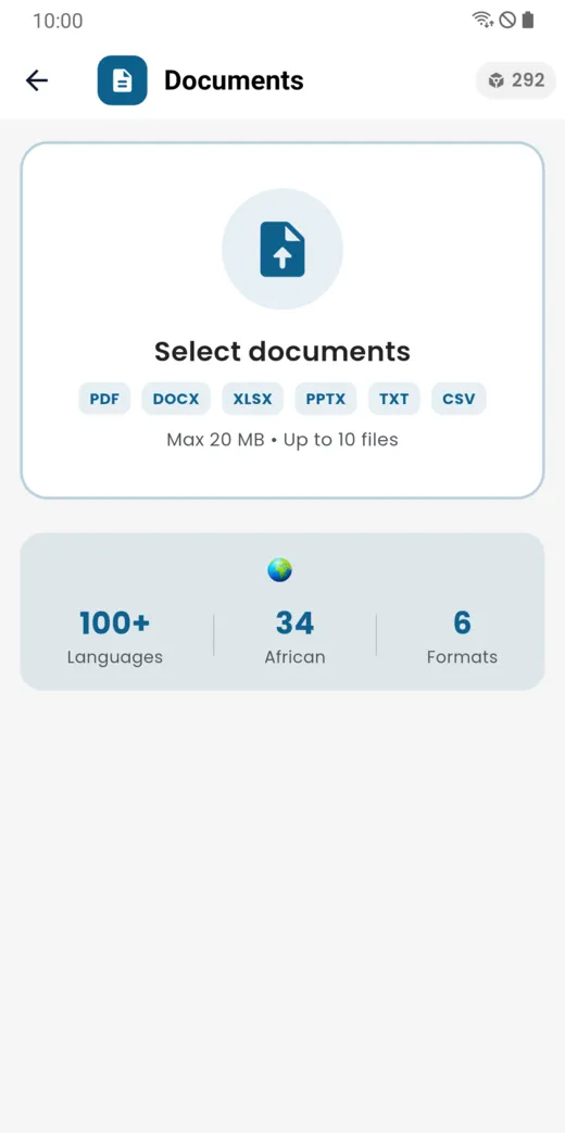 Screen for importing a document to translate