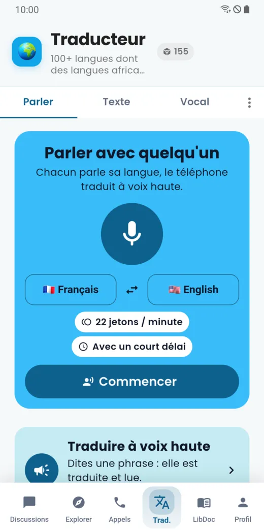 Mode Parler avec quelqu’un : deux langues et bouton Commencer
