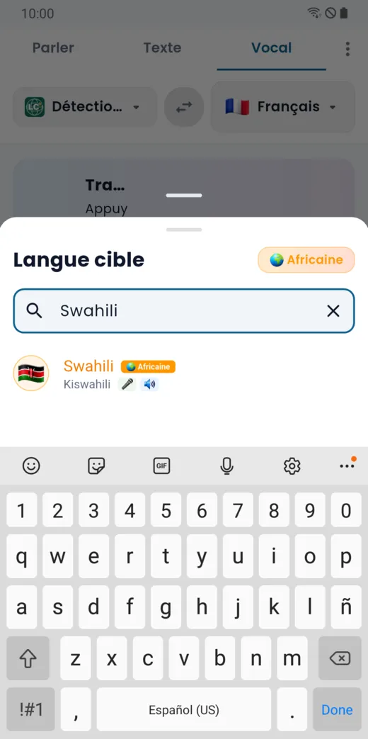Recherche du swahili dans la liste des langues