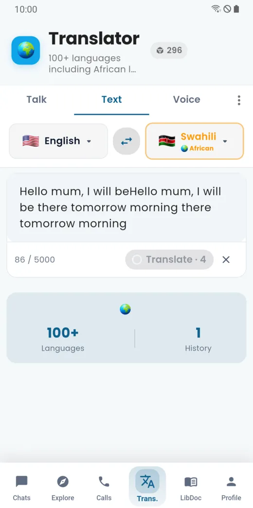 Translation result in Swahili with Copy and Listen buttons