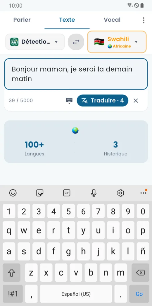 Texte saisi dans le traducteur avec le bouton Traduire et son prix