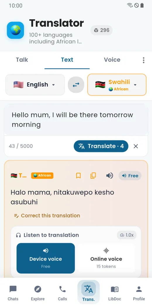 Text tab of the translator with the choice of the two languages