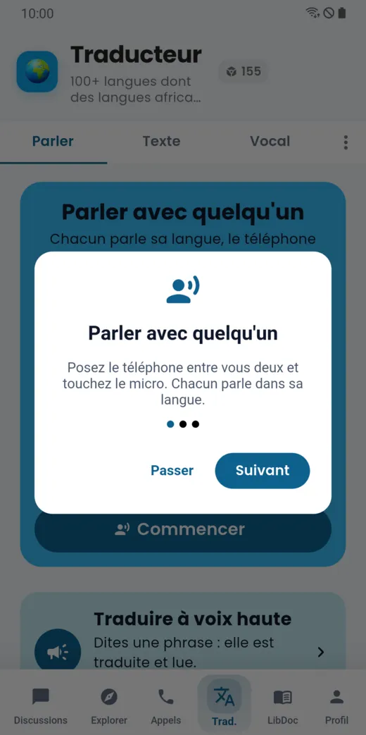 Présentation du traducteur à la première ouverture : Parler avec quelqu’un