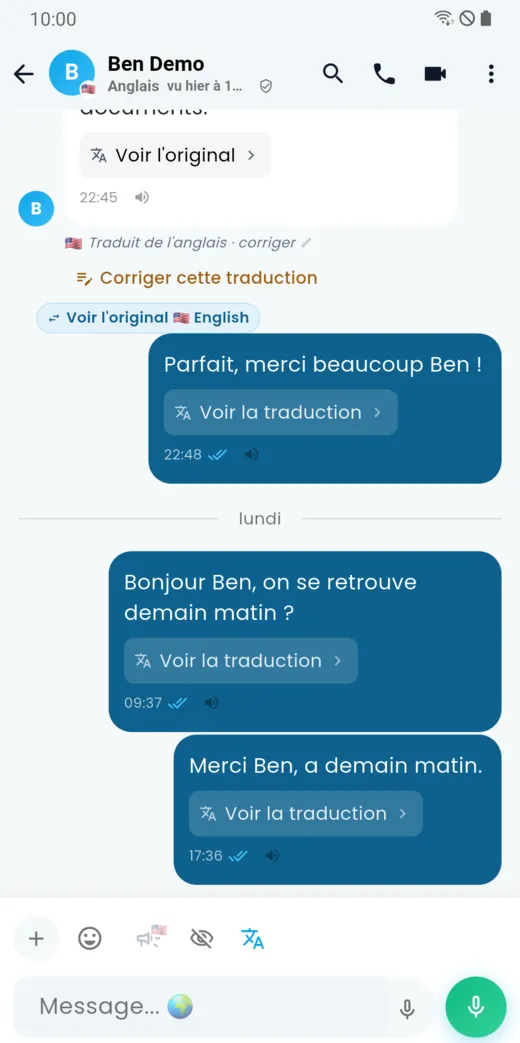 Barre de saisie avec les boutons Vue unique, Traduction en direct et Dicter